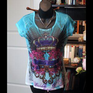 Guess Vintage Style Royal Tribal Print Cap Sleeve T-Shirt